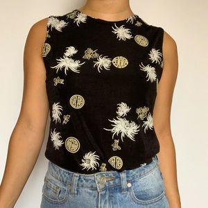 Vintage Asian Art Deco black stretch tank top sz s